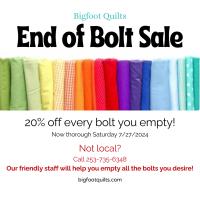 🧵🎉 Empty the Bolt Sale at Bigfoot Quilts! 🎉🧵 in Auburn